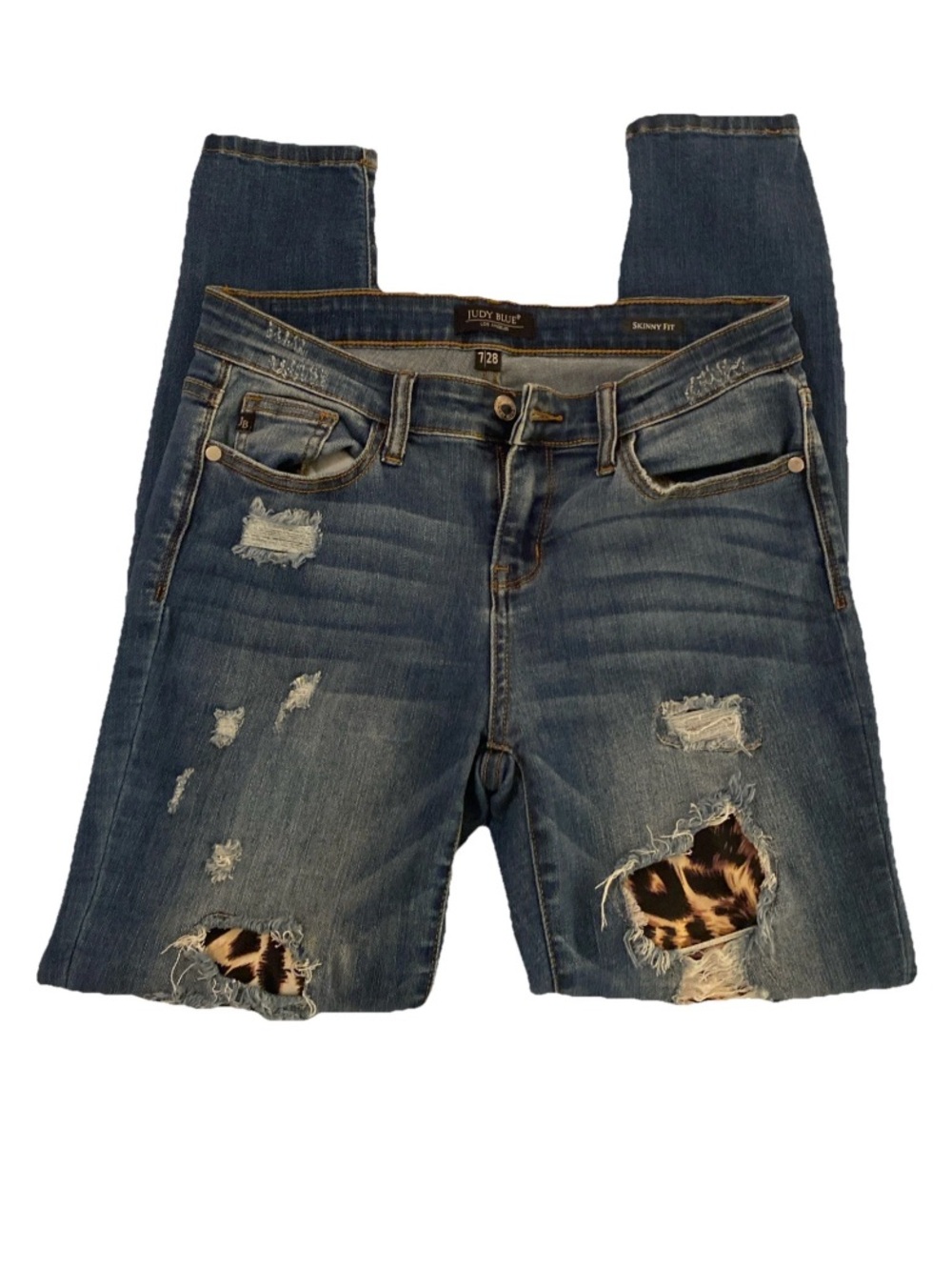 Judy Blue Medium Blue Skinny Jeans with Leopard Patch Distressing